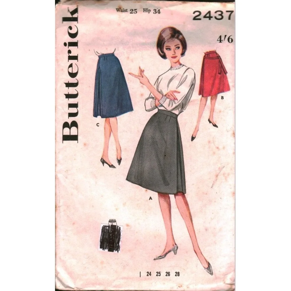 Vintage Butterick 2437 Sewing Pattern Misses Skirt Side Pleats Waist 25 Hip 34